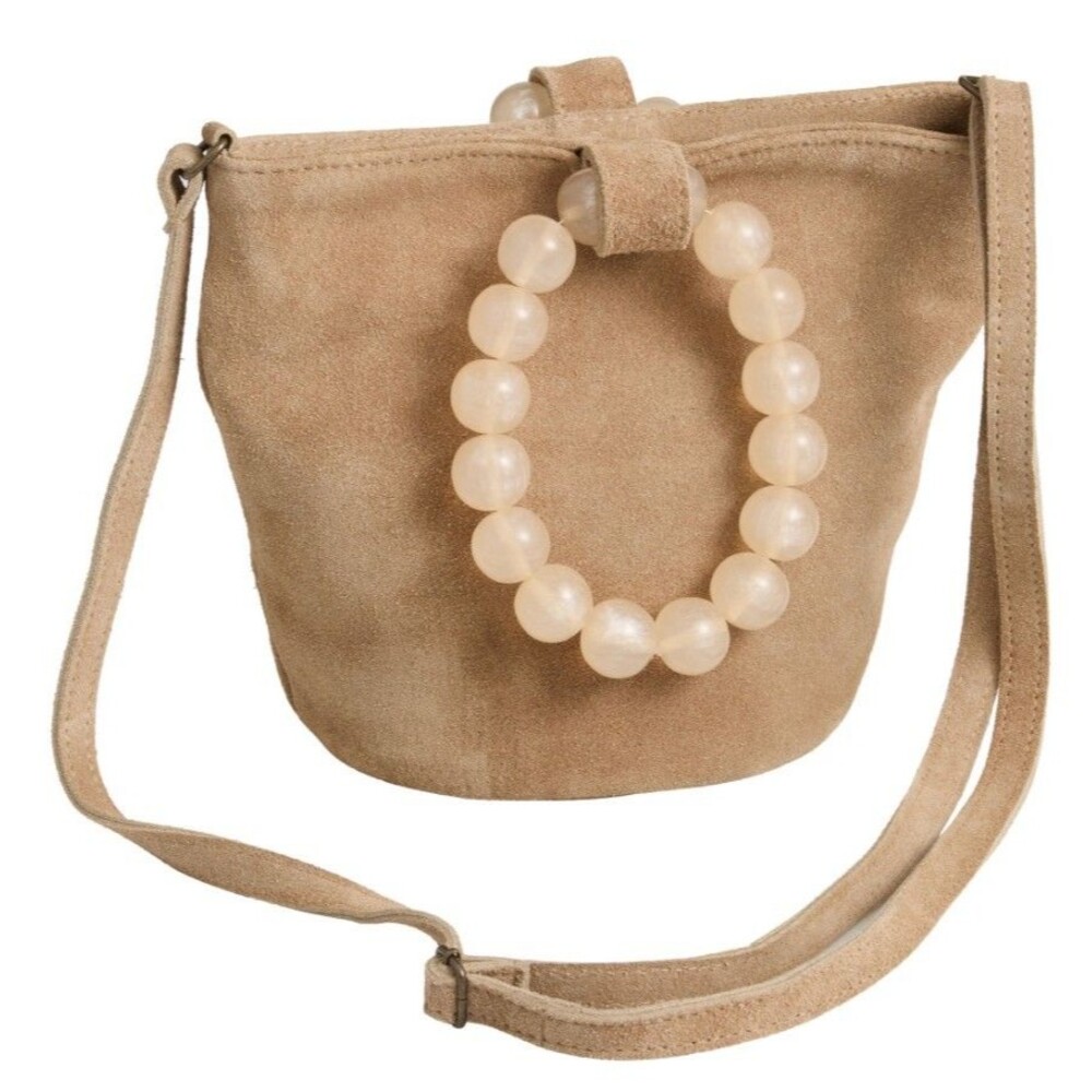 World Market Beige Suede Small Crossbody Bag with Beaded Handle  Magnetic